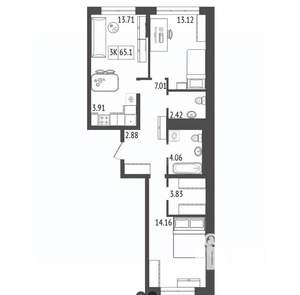 3-к квартира, вторичка, 65м2, 12/17 этаж