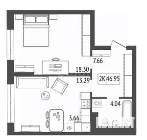 2-к квартира, вторичка, 47м2, 7/17 этаж