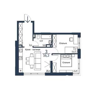 3-к квартира, строящийся дом, 56м2, 13/23 этаж