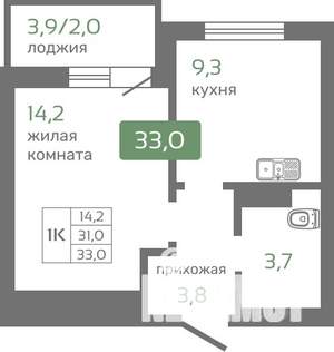 1-к квартира, строящийся дом, 33м2, 11/19 этаж