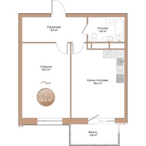 1-к квартира, строящийся дом, 52м2, 2/24 этаж