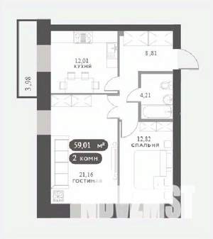 2-к квартира, вторичка, 59м2, 3/15 этаж