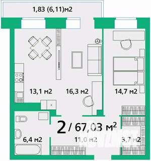 2-к квартира, вторичка, 67м2, 2/9 этаж