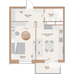 1-к квартира, строящийся дом, 52м2, 2/24 этаж
