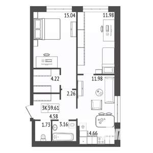 3-к квартира, строящийся дом, 60м2, 14/17 этаж