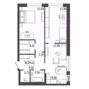 3-к квартира, строящийся дом, 60м2, 8/17 этаж