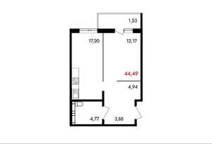 1-к квартира, вторичка, 44м2, 4/18 этаж