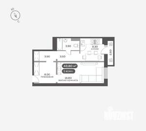 1-к квартира, вторичка, 44м2, 3/17 этаж