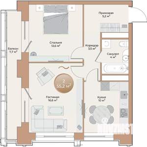 2-к квартира, строящийся дом, 55м2, 2/24 этаж