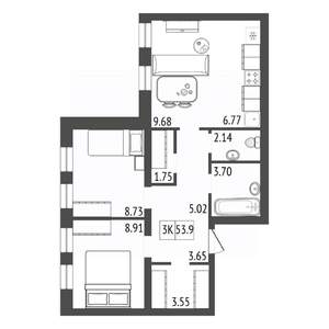 3-к квартира, строящийся дом, 54м2, 16/17 этаж