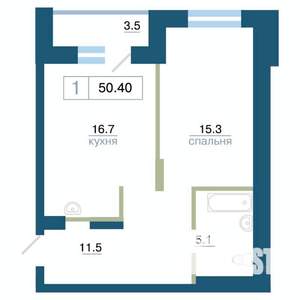 1-к квартира, строящийся дом, 50м2, 4/24 этаж