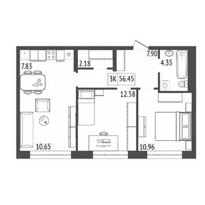 3-к квартира, строящийся дом, 57м2, 3/17 этаж