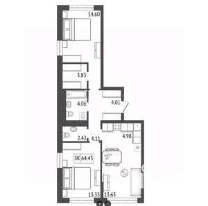 3-к квартира, вторичка, 65м2, 3/17 этаж