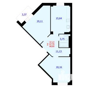 2-к квартира, строящийся дом, 68м2, 8/9 этаж