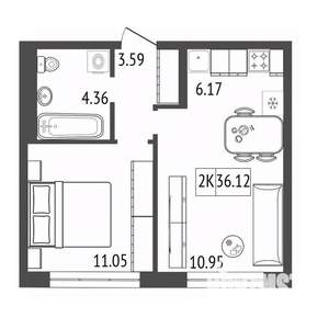 2-к квартира, строящийся дом, 36м2, 3/17 этаж