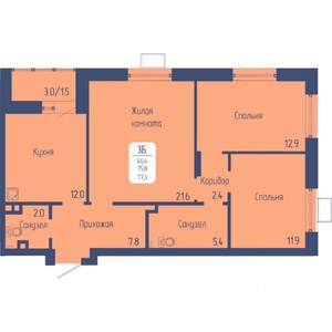 3-к квартира, вторичка, 77м2, 8/15 этаж