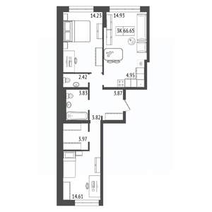 3-к квартира, строящийся дом, 67м2, 8/17 этаж