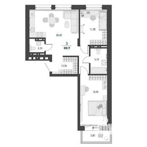 3-к квартира, строящийся дом, 70м2, 3/9 этаж