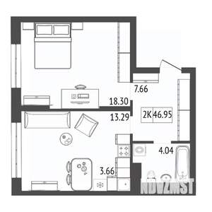 2-к квартира, строящийся дом, 47м2, 15/17 этаж