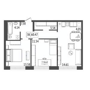 3-к квартира, вторичка, 60м2, 11/17 этаж