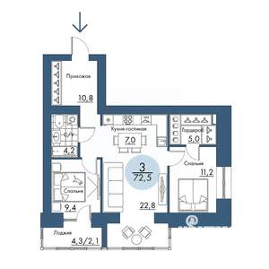 3-к квартира, строящийся дом, 73м2, 3/17 этаж