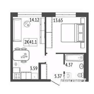 2-к квартира, вторичка, 41м2, 10/17 этаж