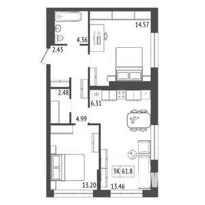 3-к квартира, строящийся дом, 62м2, 11/17 этаж