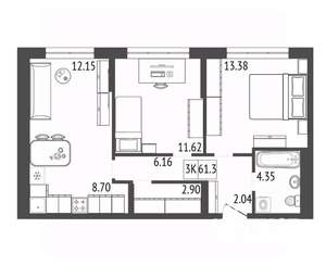 3-к квартира, вторичка, 61м2, 9/17 этаж