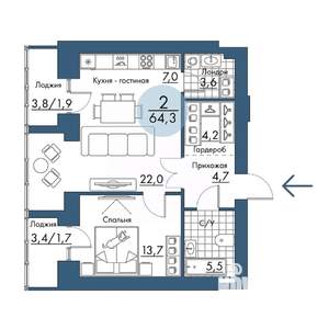 2-к квартира, вторичка, 64м2, 13/17 этаж