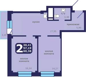 2-к квартира, строящийся дом, 60м2, 22/25 этаж