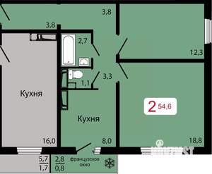 2-к квартира, строящийся дом, 55м2, 13/17 этаж