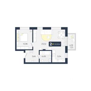 2-к квартира, строящийся дом, 51м2, 5/5 этаж