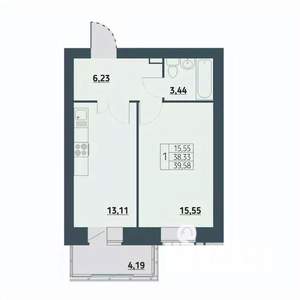1-к квартира, строящийся дом, 39м2, 8/9 этаж