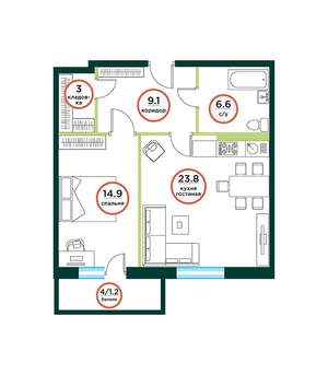 2-к квартира, сданный дом, 59м2, 5/8 этаж