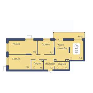 3-к квартира, вторичка, 93м2, 1/15 этаж