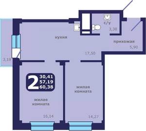 2-к квартира, строящийся дом, 60м2, 19/25 этаж