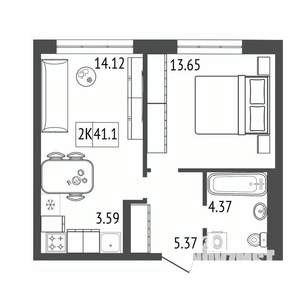 2-к квартира, строящийся дом, 41м2, 7/17 этаж