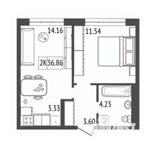 2-к квартира, строящийся дом, 37м2, 10/17 этаж