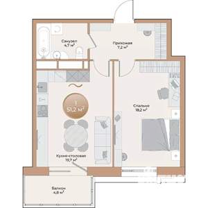 1-к квартира, вторичка, 51м2, 17/24 этаж