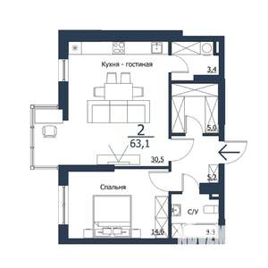 2-к квартира, строящийся дом, 63м2, 17/23 этаж