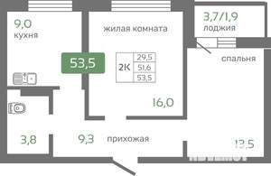 2-к квартира, строящийся дом, 52м2, 9/19 этаж