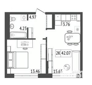 2-к квартира, строящийся дом, 42м2, 7/17 этаж