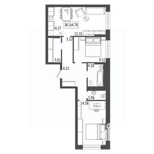 3-к квартира, строящийся дом, 65м2, 11/17 этаж
