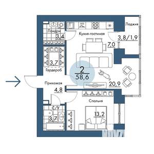 2-к квартира, строящийся дом, 59м2, 15/17 этаж