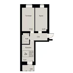 2-к квартира, строящийся дом, 61м2, 2/7 этаж