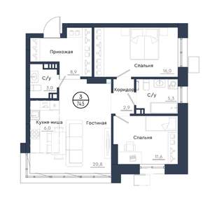 3-к квартира, вторичка, 75м2, 12/23 этаж