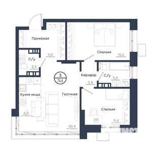 3-к квартира, вторичка, 75м2, 19/23 этаж