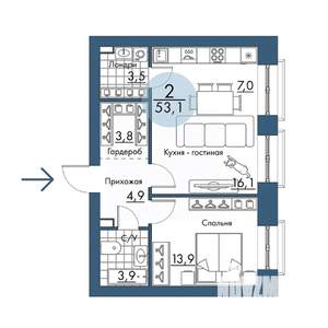 2-к квартира, строящийся дом, 53м2, 2/17 этаж