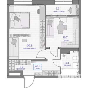1-к квартира, вторичка, 48м2, 2/24 этаж