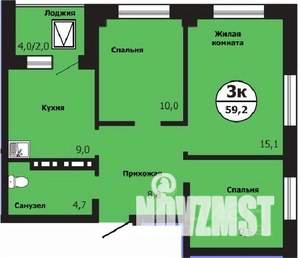 3-к квартира, строящийся дом, 59м2, 15/19 этаж